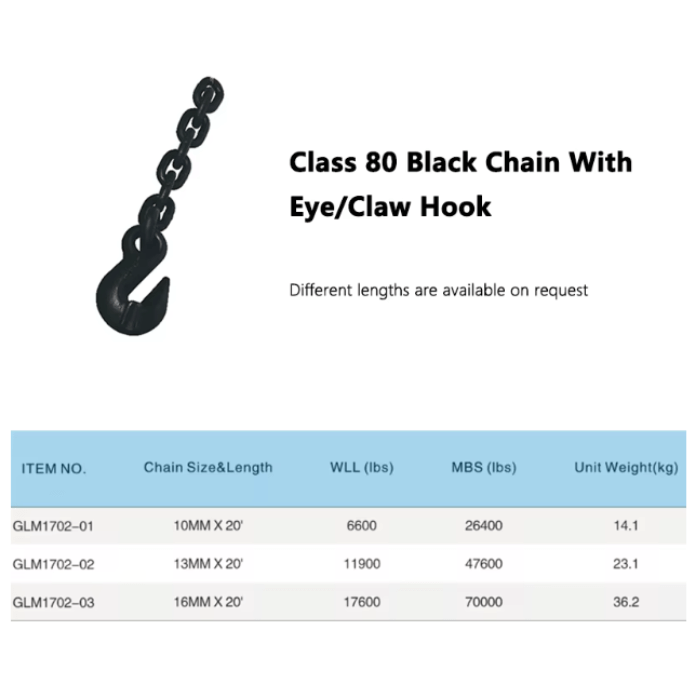 Thông số Xích đen Class 80 có móc mắt móng xích vận chuyển xích có móc
