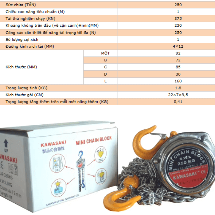 Thông số kỹ thuật pa lăng xích kéo tay 250kg