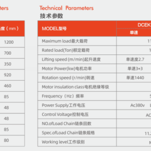 Bảng Thông Số Kỹ Thuật Palang Xích Điện 10 Tấn - Model DCER 10-04