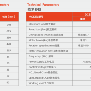 Thông Số Kỹ Thuật Palang Xích Điện 2 Tấn - Model DCER 02-01