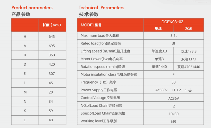 Thông Số Kỹ Thuật Palang Xích Điện 3 Tấn - Model DCER 03-02