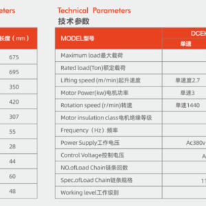 Thông Số Kỹ Thuật Palang Xích Điện 5 Tấn - Model DCER 05-02