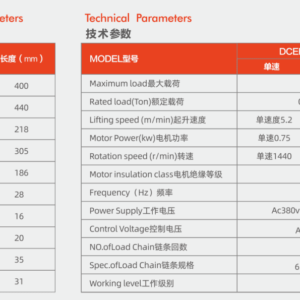 Thông Số Kỹ Thuật Palang Xích Điện 750KG - Model DCEK0.75 - Kawasaki