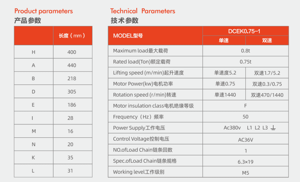 Thông Số Kỹ Thuật Palang Xích Điện 750KG - Model DCEK0.75 - Kawasaki