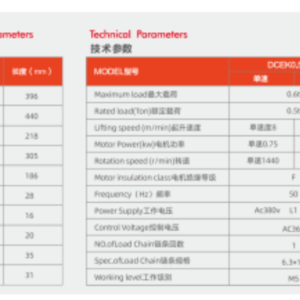 Thông Số Kỹ Thuật Palang Xích Điện DCEK0.5 - 1 - 500KG - Kawasaki