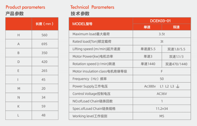Thông Số Palang Xích Điện 3 Tấn - Model DCER 03-01