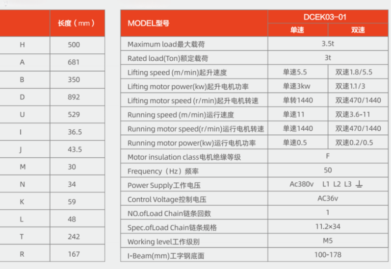 Thông Số Kỹ Thuật Palang Xích Điện Đầu Thấp - DCER03-01 - 3 Tấn - Kawasaki
