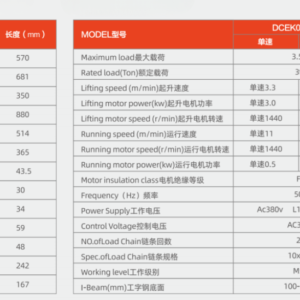 Thông Số Kỹ Thuật Palang Xích Điện Đầu Thấp - DCER03-02 -3 Tấn - Kawasaki