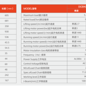 Thông Số Kỹ Thuật Palang Xích Điện Đầu Thấp - DCER05-02 -5 Tấn - Kawasaki