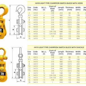 Bảng thông số puly ròng rọc APOLLO light type H418 móc cẩu / H419 móc ma ní
